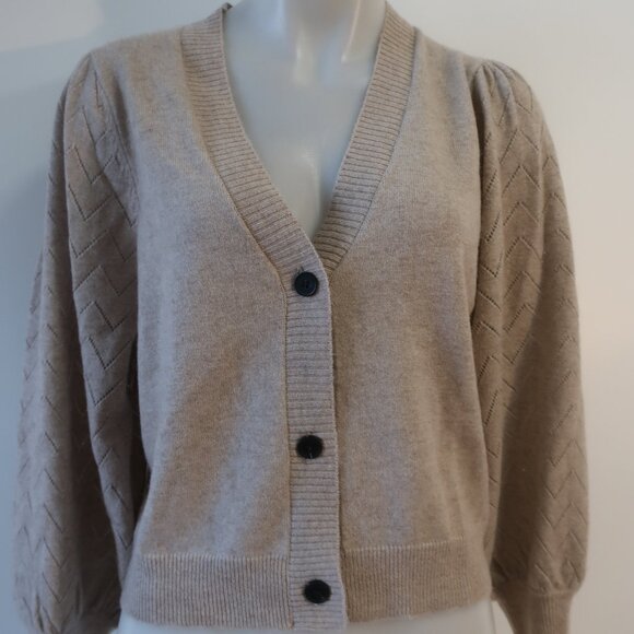 NWT Two Bees Cashmere Wool Taupe Pointelle Puff Slv V-Neck Cardigan Sweater XS - Picture 5 of 11
